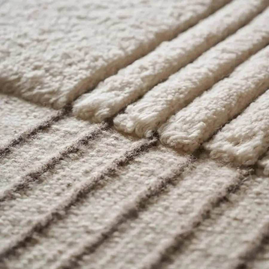 Superior Amini RD Halong rug with linear patterns in warm neutral beige hand-woven semi-worsted wool and meticulous hand-washing