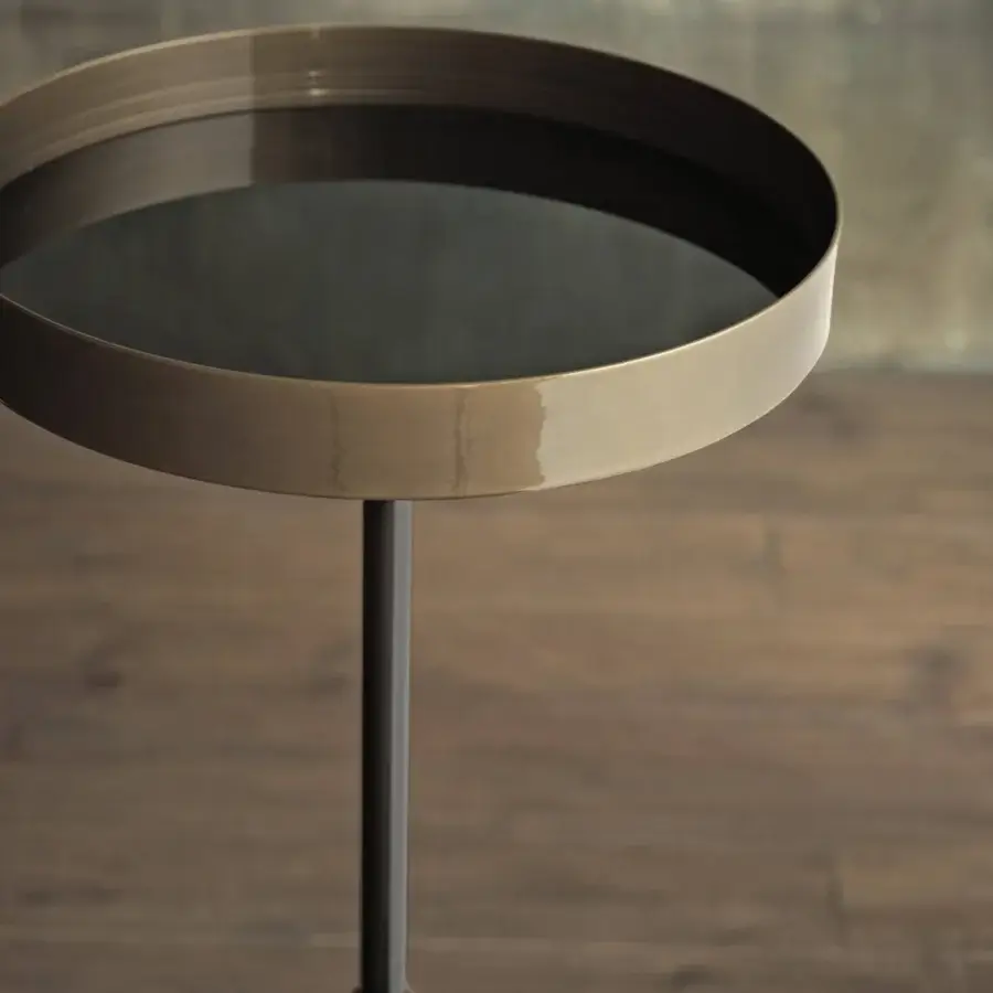 Distinguished Bontempi Lift side table with circular black tabletop and muted gold-toned metallic base in glossy/matte finish