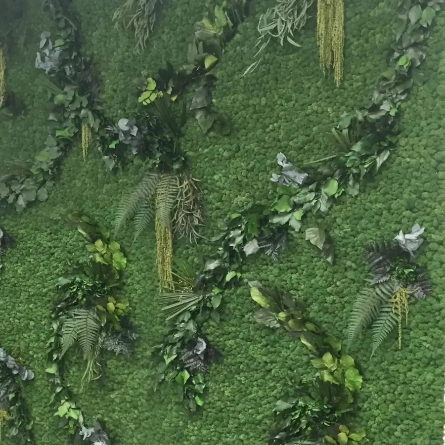 Captivating Adriani e Rossi Lichen with Leaves green wall handcrafted in preserved lichen, ferns, ivy and eucalyptus with a textured matte finish