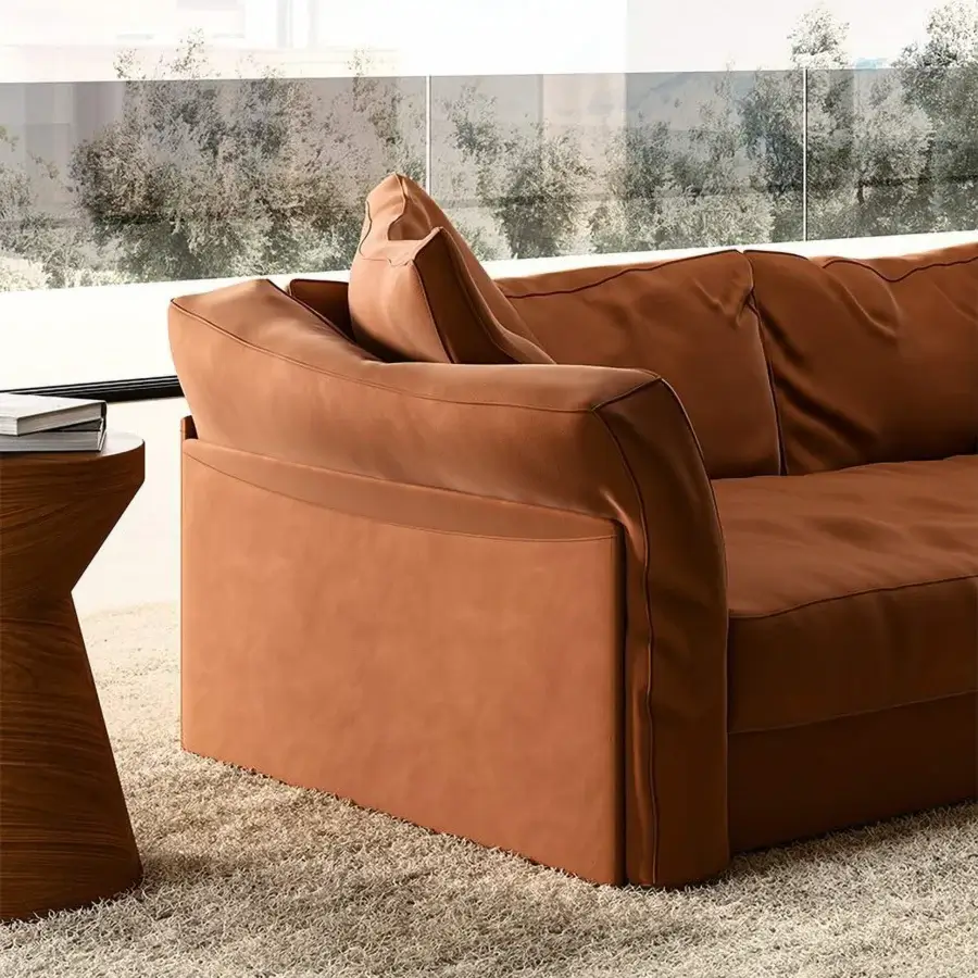 Superior Mascheroni Patrimonio sofa with reddish-brown leather upholstery and generous padding built with a robust solid wood frame
