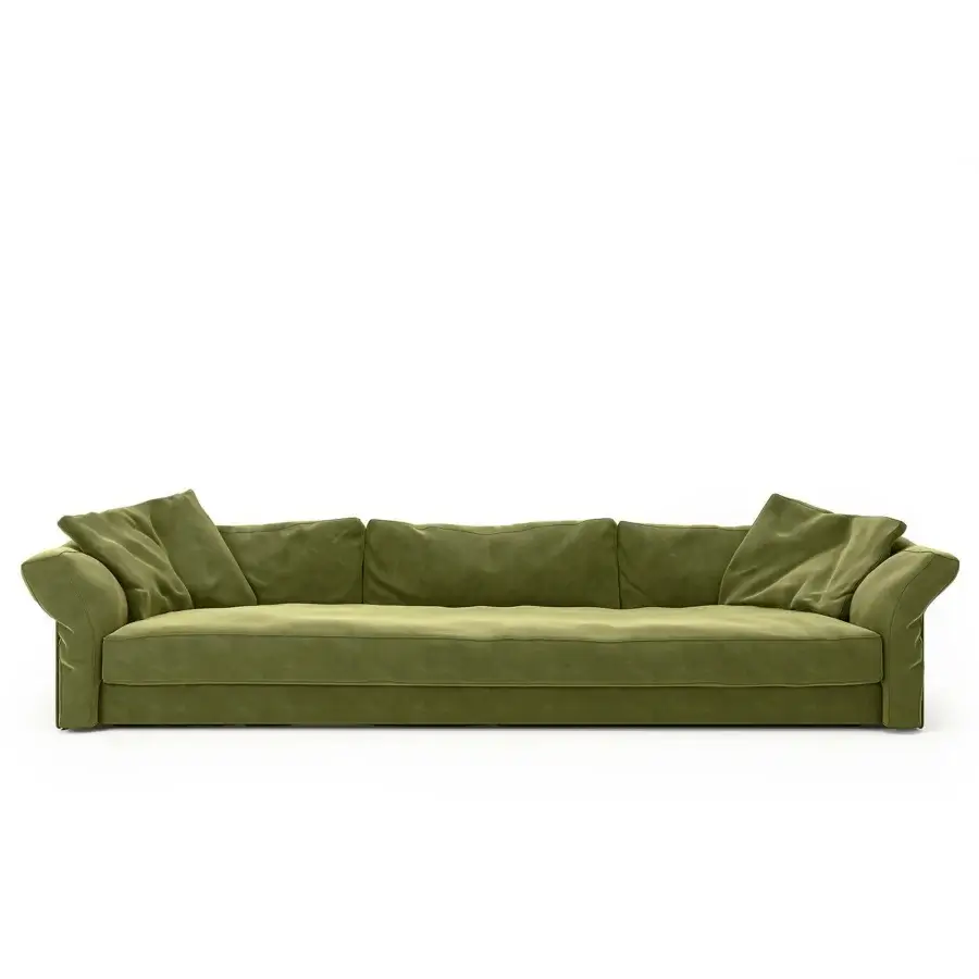 Elegant Mascheroni Patrimonio sofa with matte olive green textile upholstery and robust solid wood construction