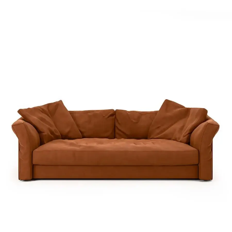Distinguished Mascheroni Patrimonio sofa with reddish-brown matte leather upholstery and generous indeformable foam padding built upon a solid wood frame