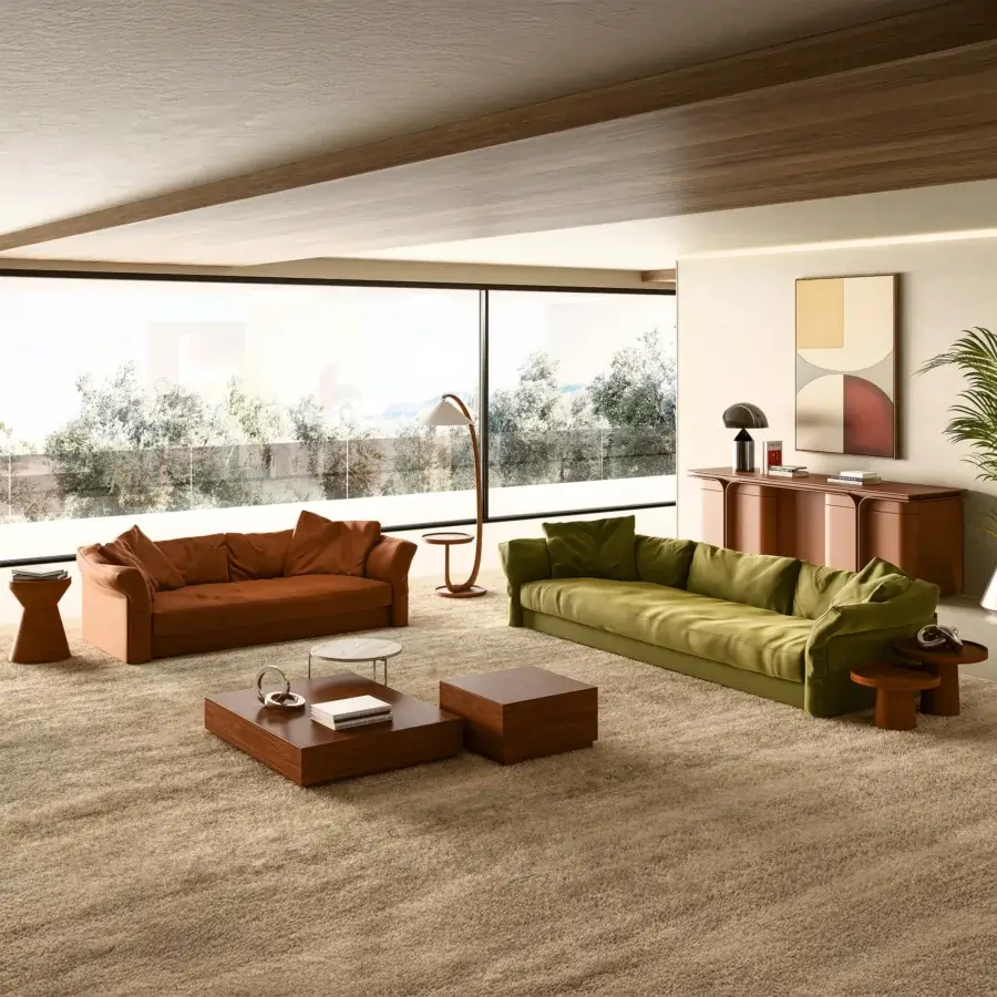 Superior Mascheroni Patrimonio sofa with textured textile upholstery in muted olive green and matte finish