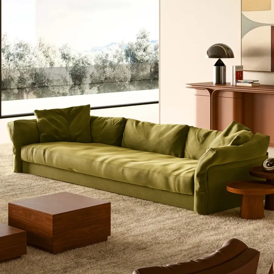 Exceptional Mascheroni Patrimonio sofa with plush cushions upholstered in textured matte olive green textile and robust wood construction