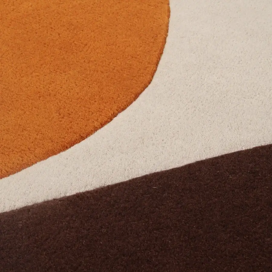 Distinguished Amini JC-7 Isola rug with geometric design in orange, rust green, and off-white New Zealand wool, hand-washed and carved
