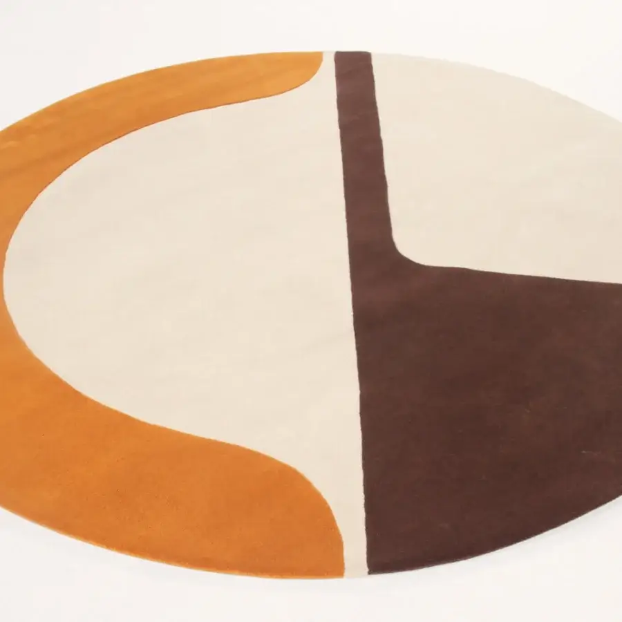 Exceptional Amini JC-7 Isola rug with color-blocked design in golden-orange, off-white, and chocolate brown New Zealand wool with a carved finish