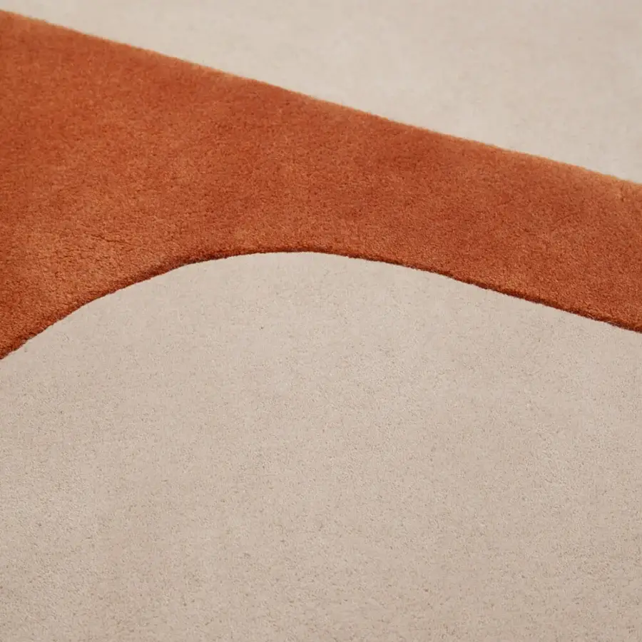 Lavish Amini JC-7 Isola rug with terracotta orange, rust green, and beige sections in cut New Zealand wool