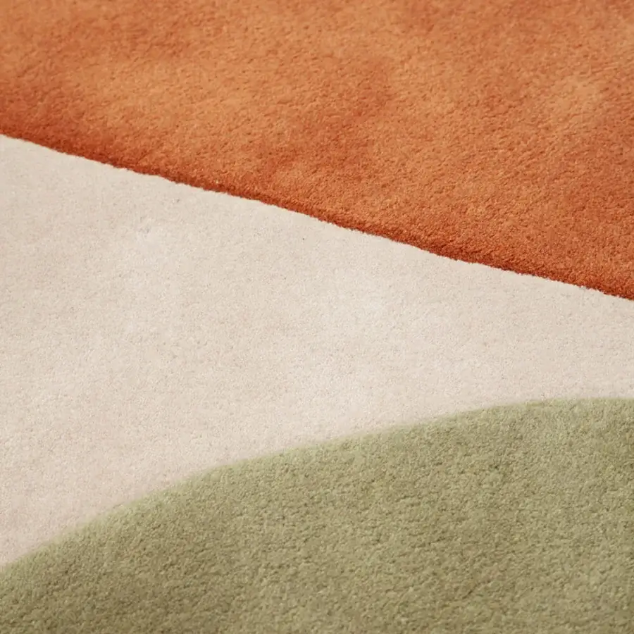 Sophisticated Amini JC-7 Isola rug in terracotta orange, olive green, and cream white hand-tufted New Zealand wool with a clipped finish