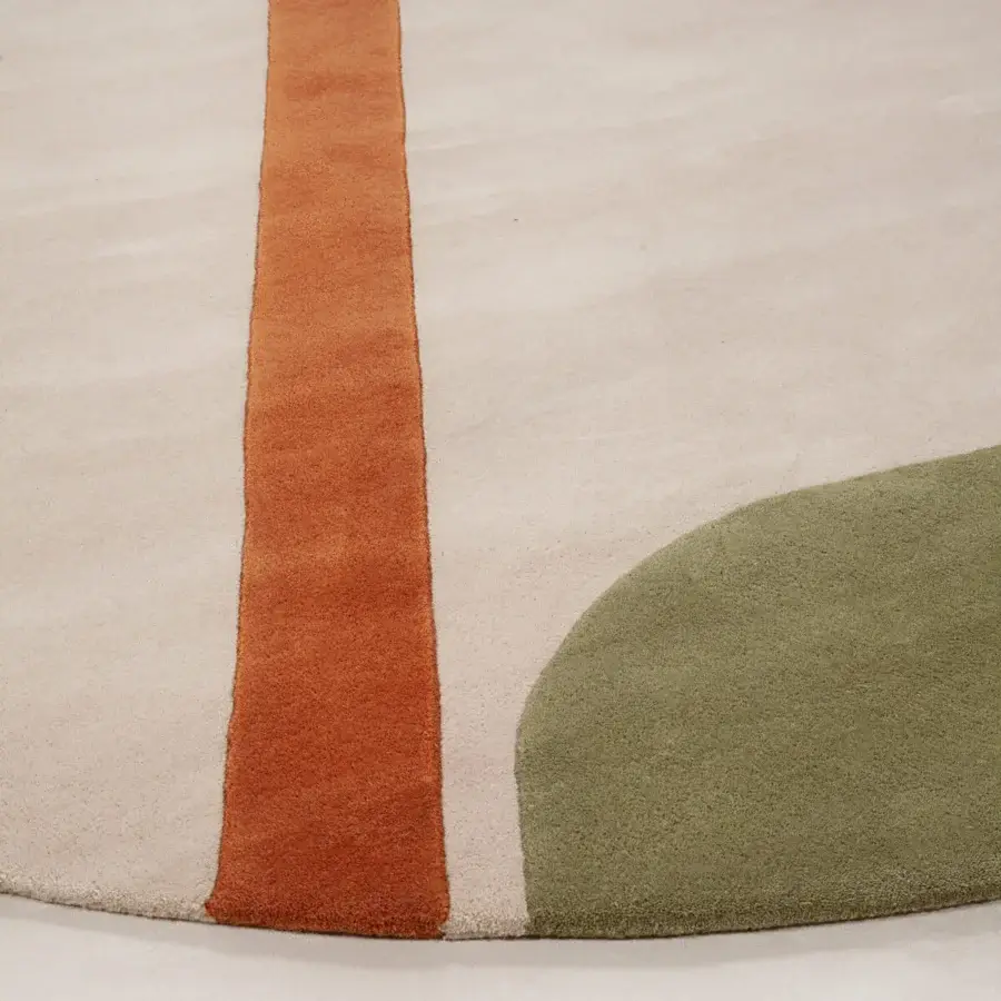 Exceptional Amini JC-7 Isola rug with flowing forms in terracotta orange, beige, and olive green wool pile finish