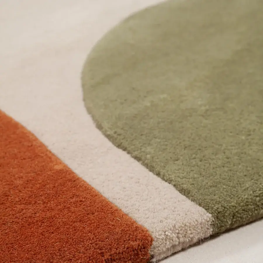 Cutting-edge Amini JC-7 Isola rug with geometric design in terracotta orange, sage green, and cream wool pile finish