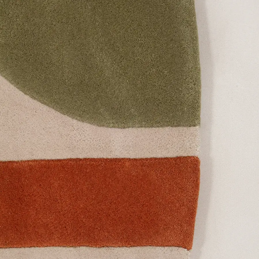 Distinguished Amini JC-7 Isola rug with curved composition in olive green, terracotta orange, and beige New Zealand wool with carved finish