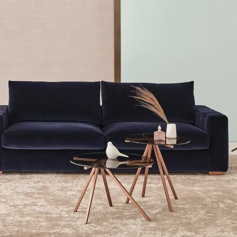 Distinguished Bontempi Ray coffee table with nested clear glass tops and rose-gold finished metal frames