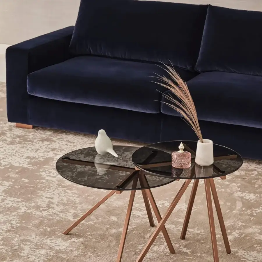 Superior Bontempi Ray coffee table with a sleek black glass top and slender bronze-toned metal legs crafted in Italy