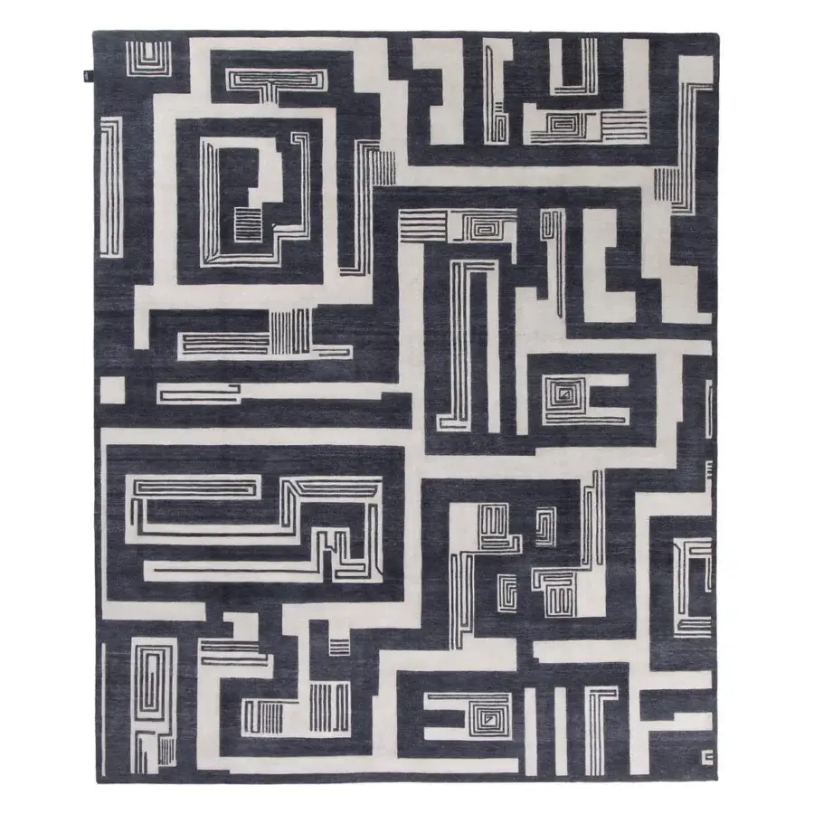 Distinguished Amini Maze rug with a black and ivory labyrinth design hand-knotted in Tibetan wool with a meticulous finish