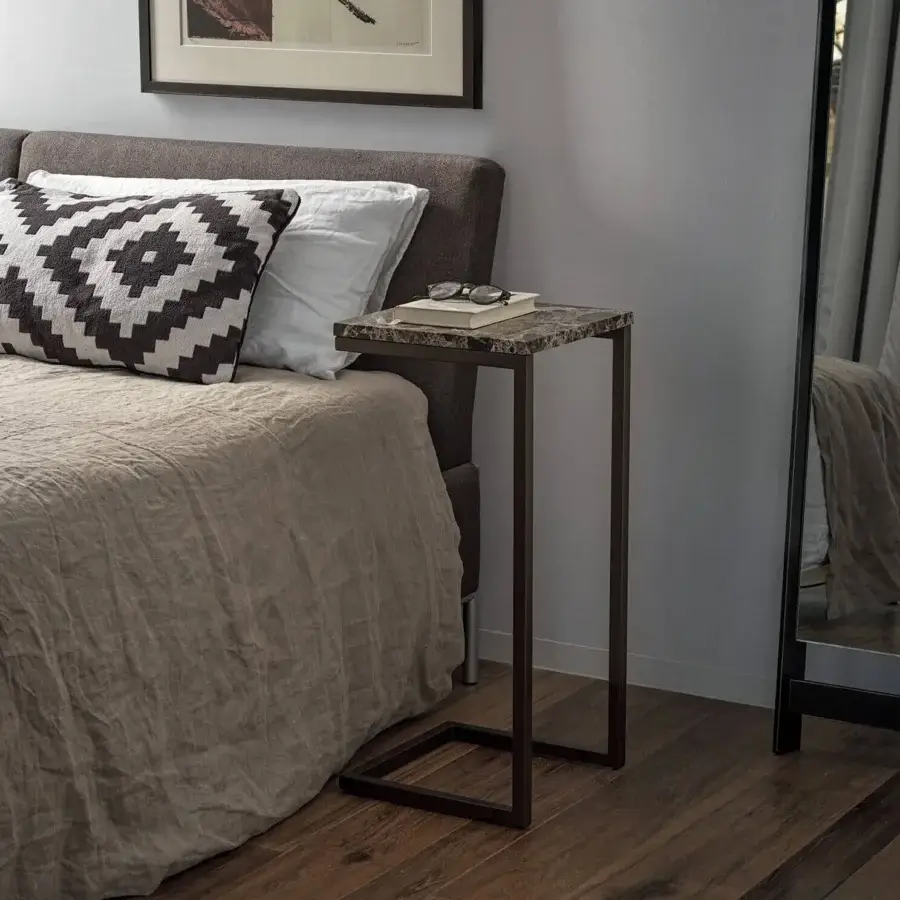 Distinguished Bontempi Tower side table with a tall, slender silhouette and mottled gray and brown composite tabletop in a dark matte metal frame