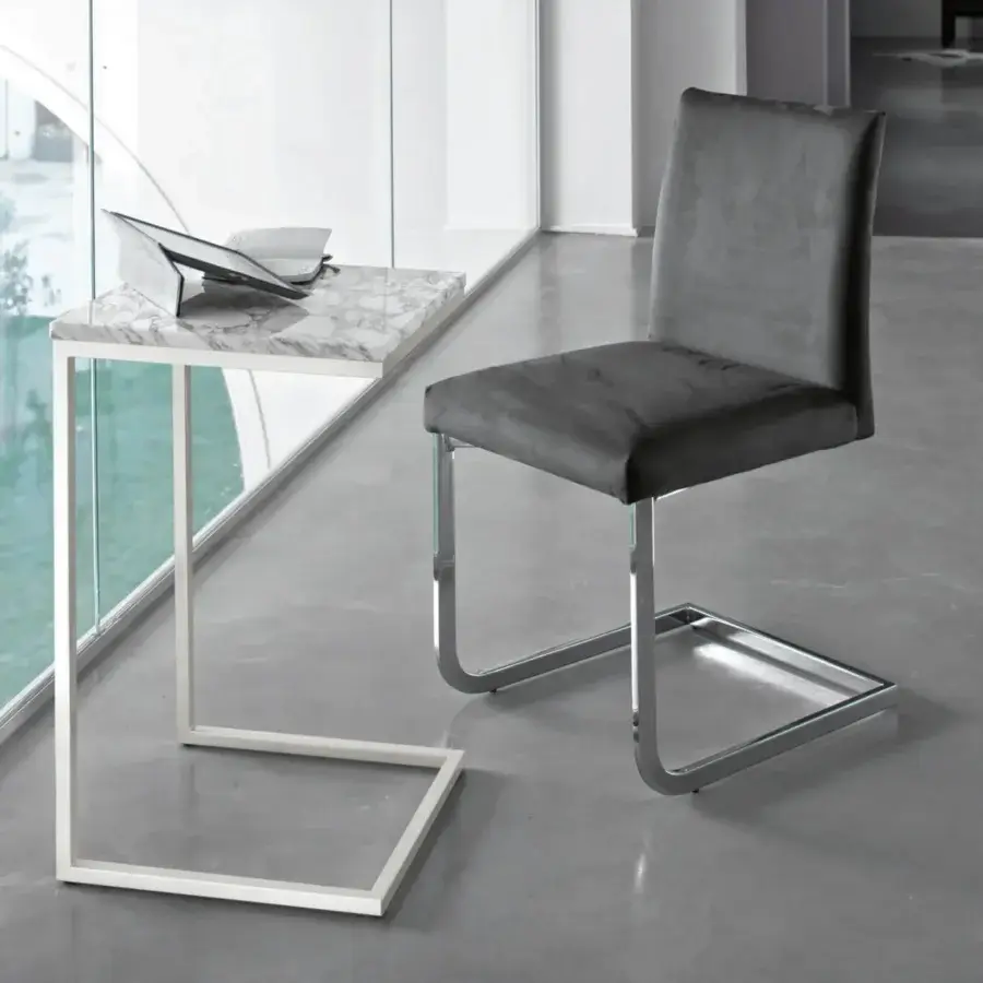 Sophisticated Bontempi Tower side table in white marble with grey veining and a light satin metal frame