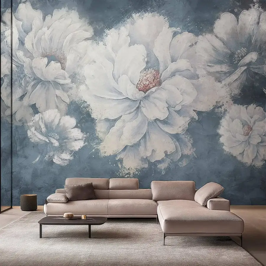 Superior Adriani e Rossi Flower Painting Wallpaper with white blossoms against a dusky blue background and matte finish
