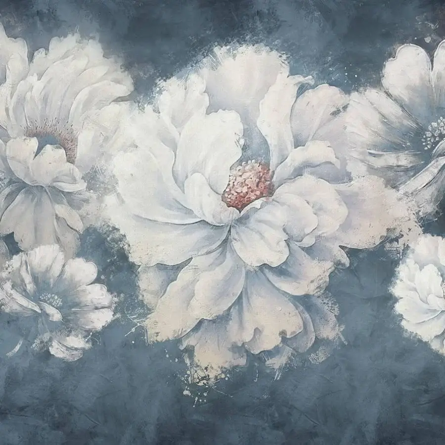 Exclusive Adriani e Rossi Flower Painting Wallpaper with delicate brushstrokes in muted white against teal-gray, crafted in Italy with premium finishes