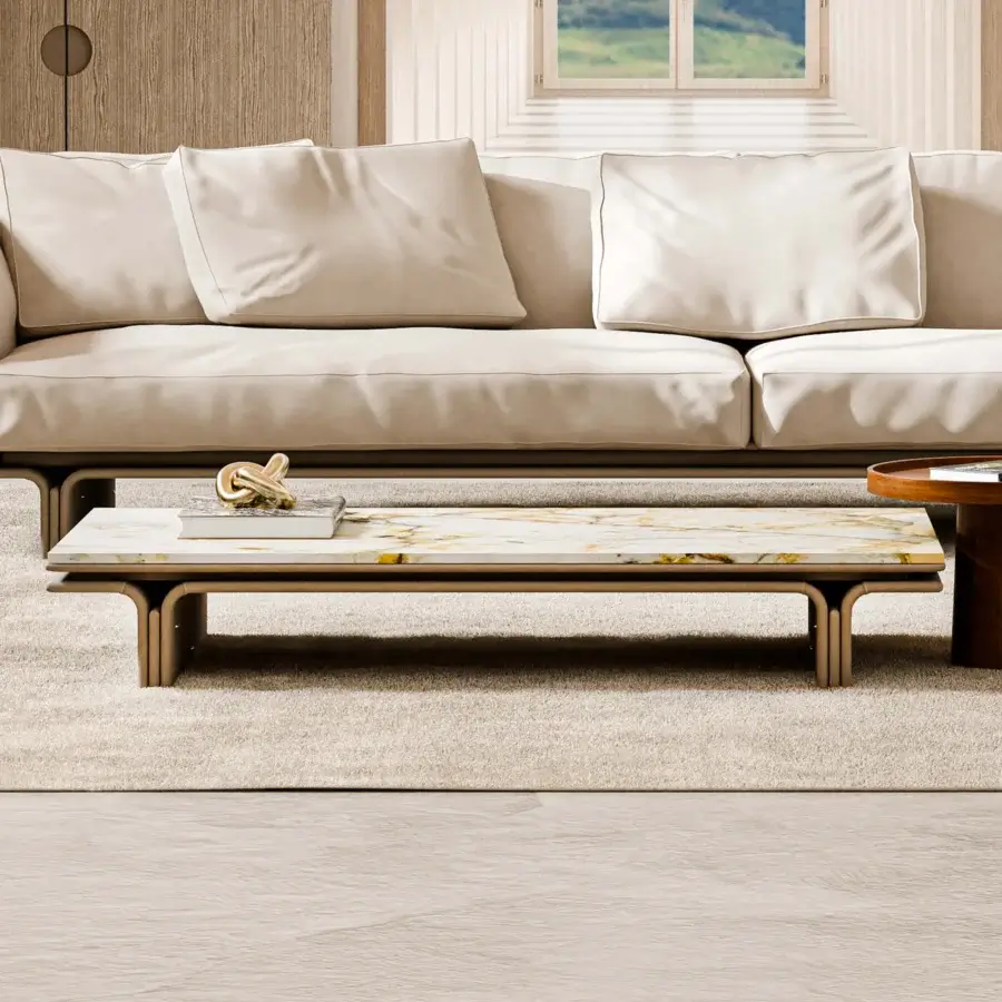 Sophisticated Mascheroni Jazz John coffee table with cream and gold Patagonia marble top and handmade light-toned metal base finished to a polished sheen