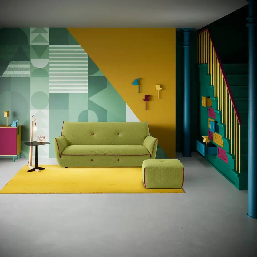 Superior Egoitaliano Yuki sofa in muted green bi-elastic technical fabric with bright green lycra profiles and wood frame