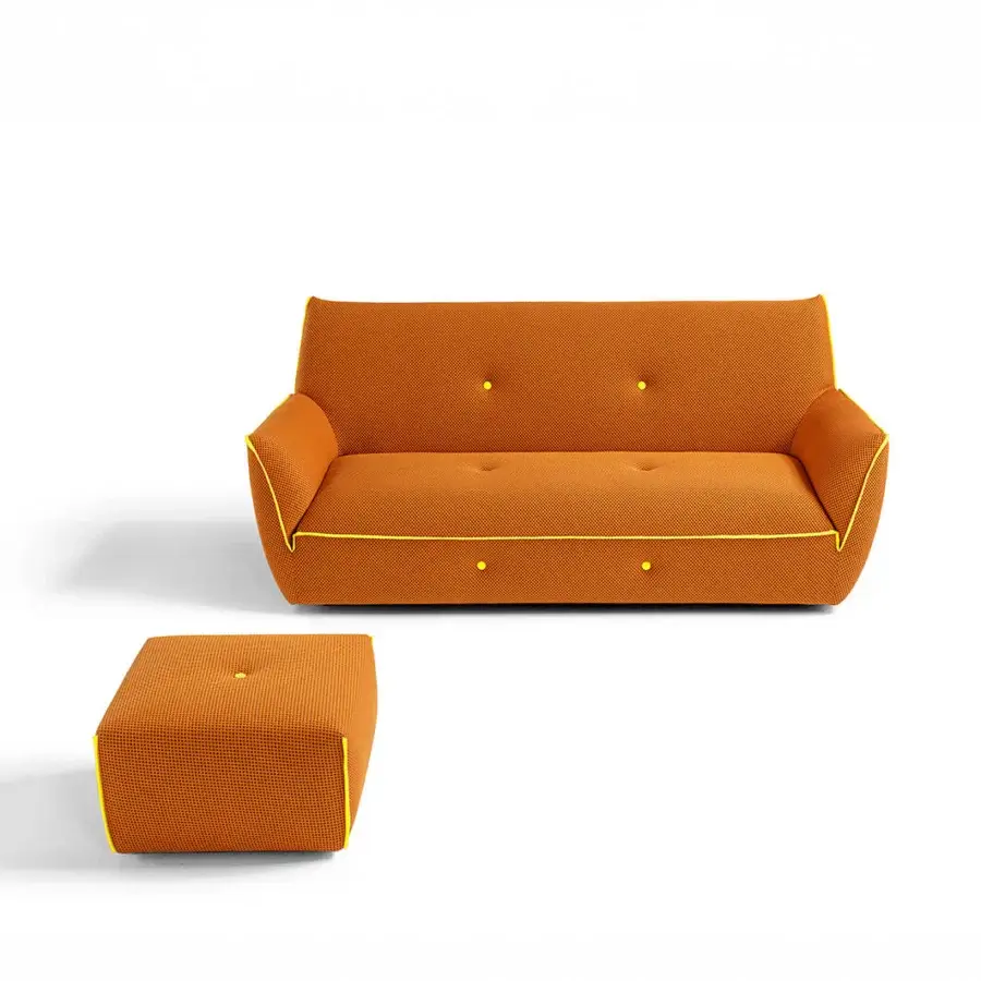 Captivating Egoitaliano Yuki sofa in orange bi-elastic technical fabric with yellow lycra detailing and black ABS feet