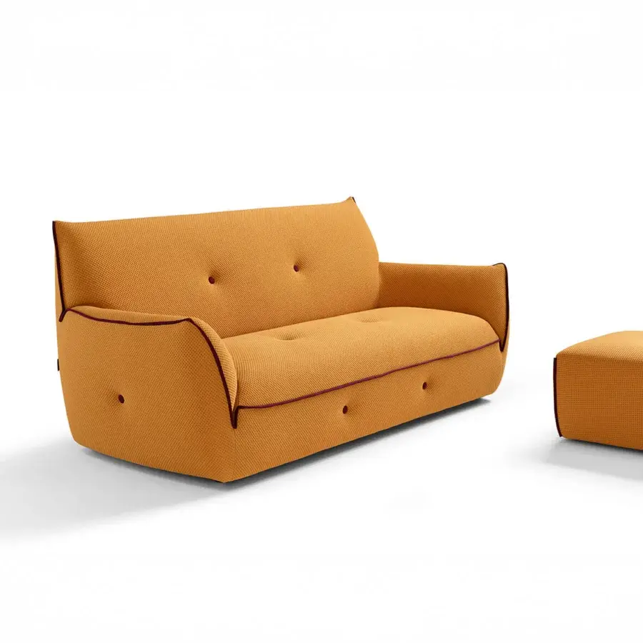 Distinguished Egoitaliano Yuki sofa in vibrant mustard yellow bi-elastic technical fabric with reddish-brown trim and button-tufting