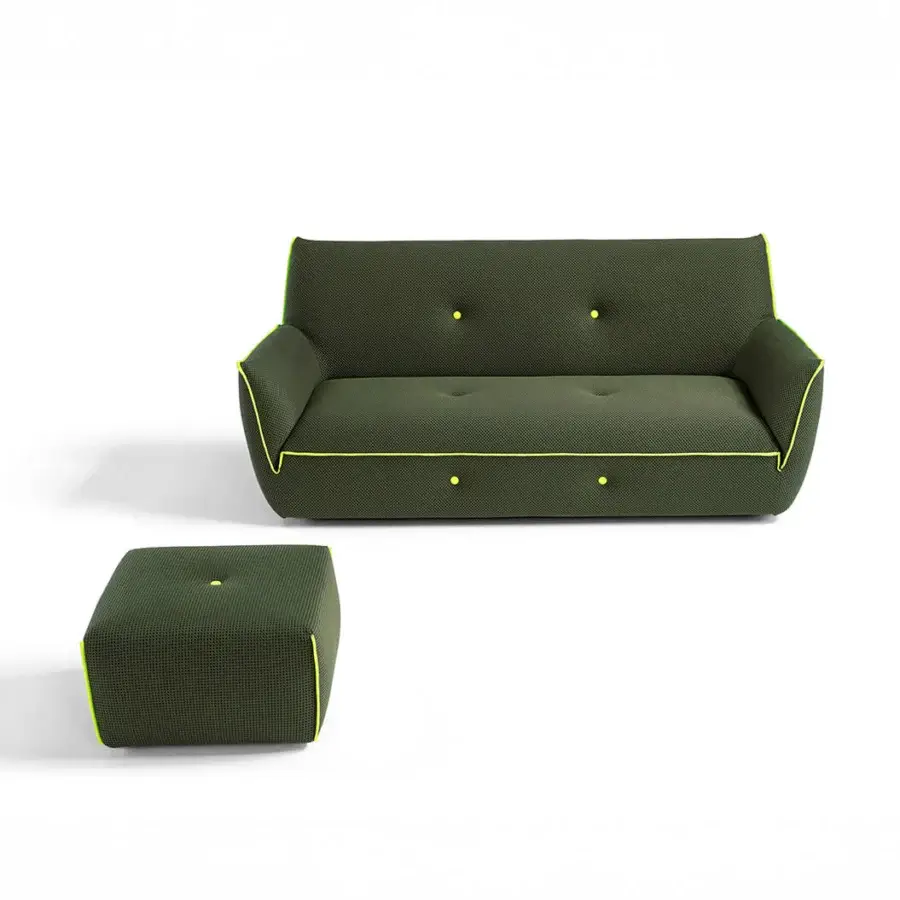 Distinguished Egoitaliano Yuki sofa in dark green bi-elastic technical fabric with playful lycra profiles and yellow trim