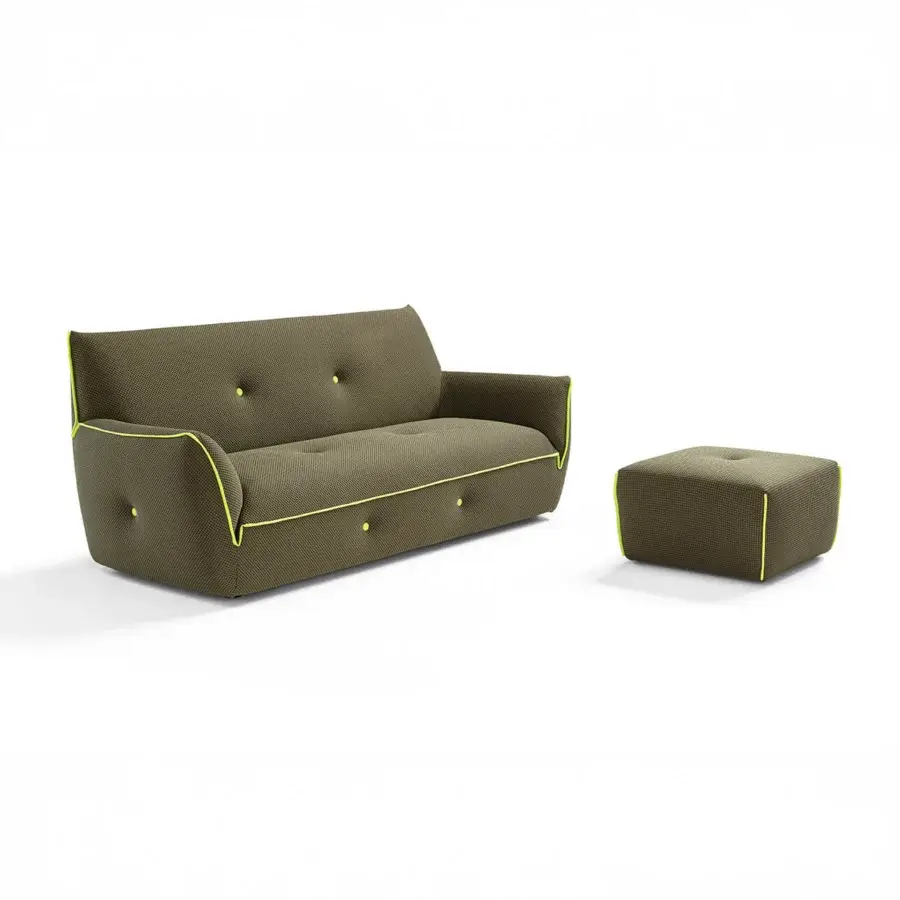 Exceptional Egoitaliano Yuki sofa in muted olive green bi-elastic technical fabric with lime accents and sleek black feet