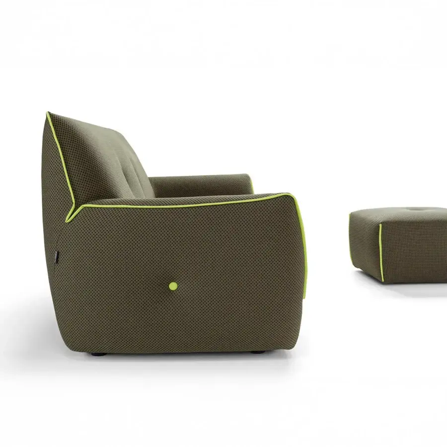 Distinguished Egoitaliano Yuki sofa in vibrant olive-green bi-elastic technical fabric with lime green trim and sleek black ABS feet