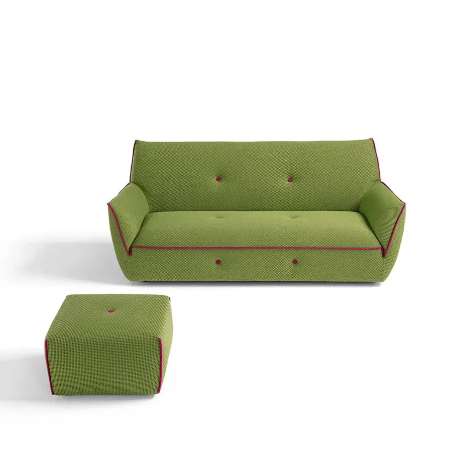 Superior Egoitaliano Yuki sofa in vibrant green bi-elastic technical fabric with pinkish-red trim and matte finish