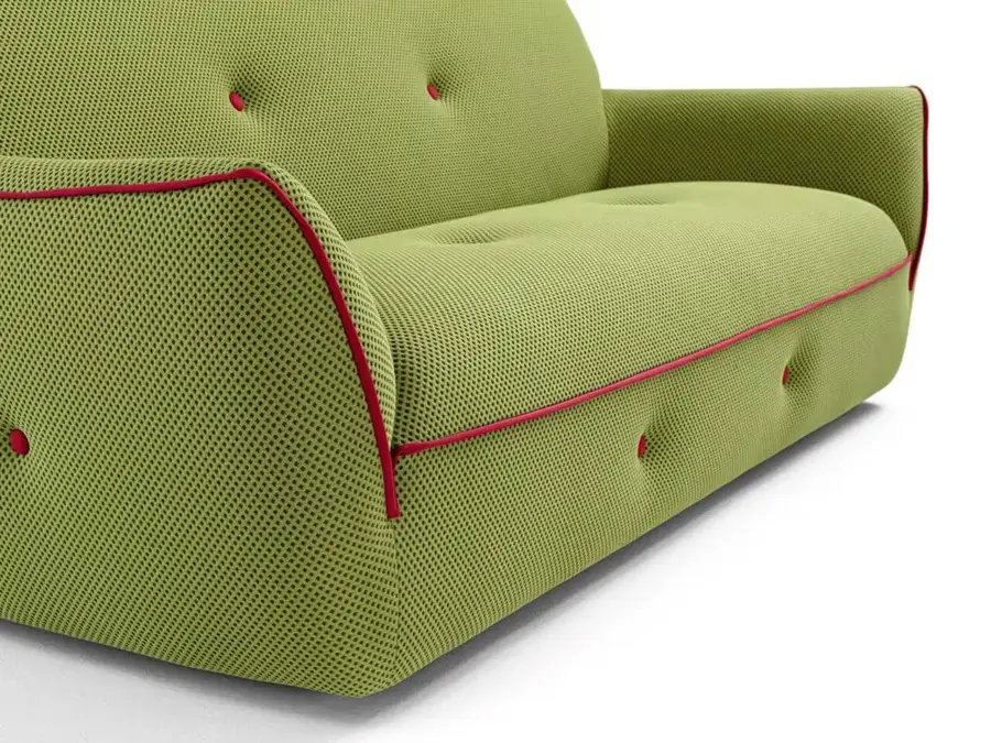 Exceptional Egoitaliano Yuki sofa in muted green bi-elastic technical fabric with red piped edging and button details