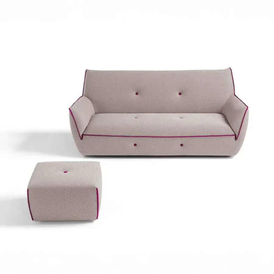Distinguished Egoitaliano Yuki sofa in light beige bi-elastic technical fabric with magenta trim and rounded edges