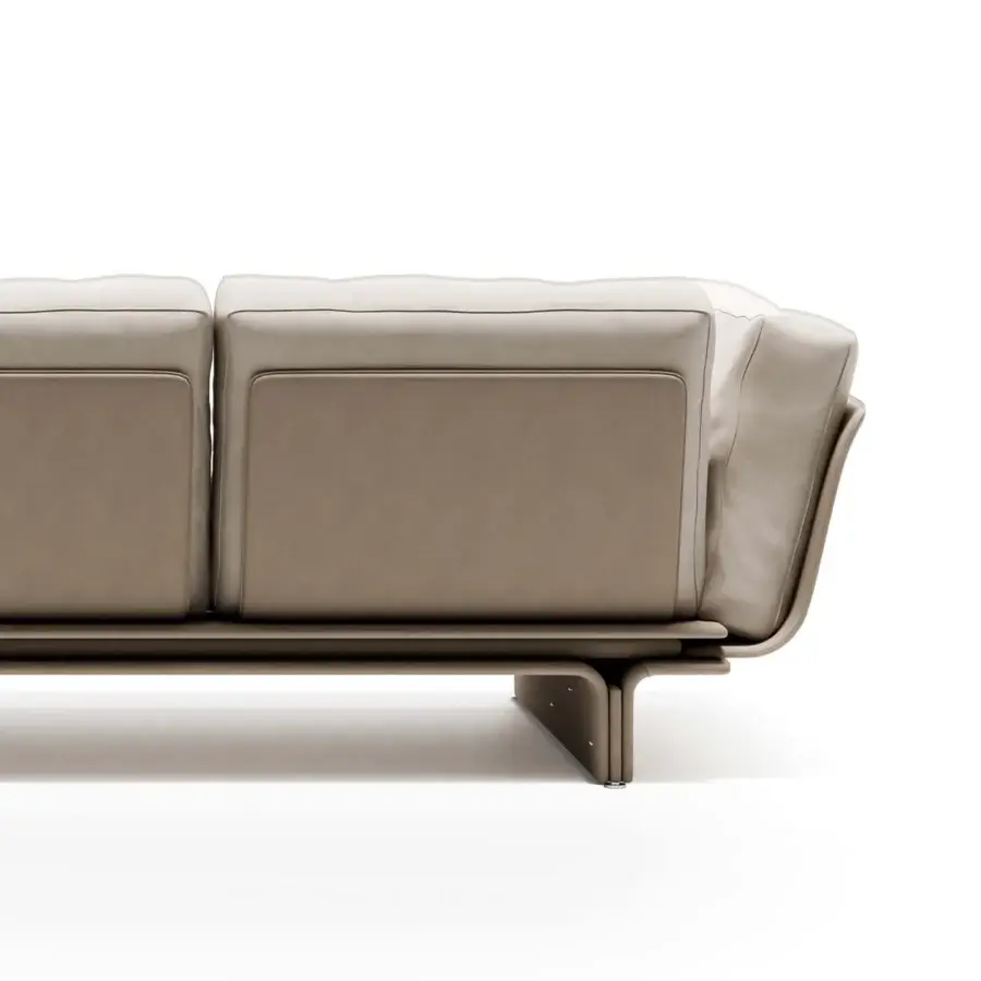 Exceptional Mascheroni Jazz Miles sofa in warm neutral beige Nubuck with a floating dark metal base