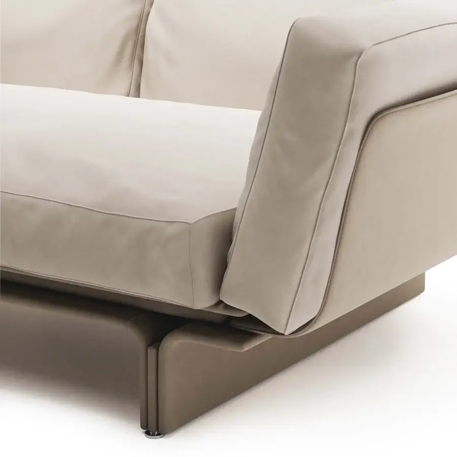 Distinguished Mascheroni Jazz Miles sofa in supple neutral beige Nubuck with a subtly recessed base creating a floating effect