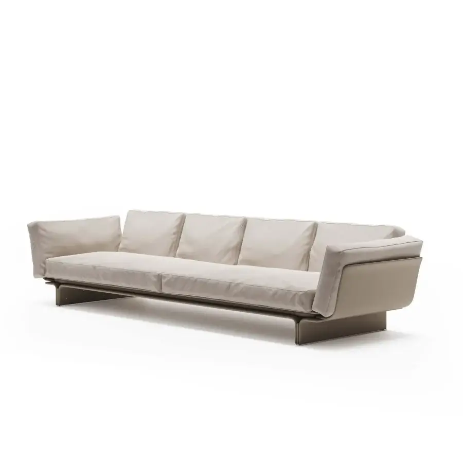 Sophisticated Mascheroni Jazz Miles sofa in neutral beige Nubuck with a sleek dark metal base and meticulous cushions