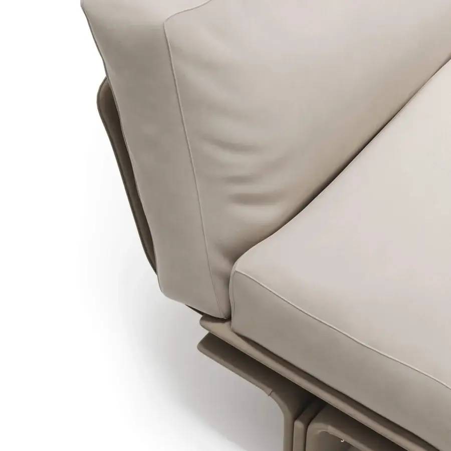 Distinguished Mascheroni Jazz Miles sofa in neutral beige Nubuck with satin-sheen wood framing and soft cushions