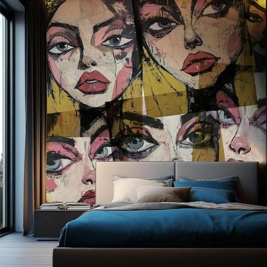 Distinguished Adriani e Rossi Woman Look Wallpaper with fragmented female faces in ochre yellow, black, and pink shades