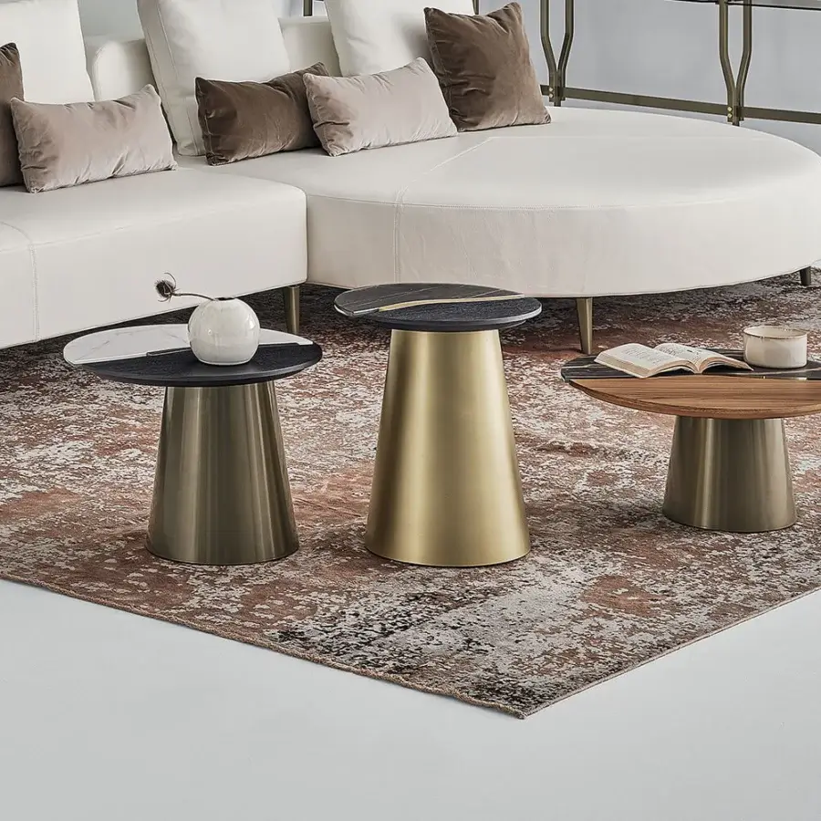 Elegant Bontempi Yang coffee table with a dark tabletop and polished golden metal base crafted in Italy