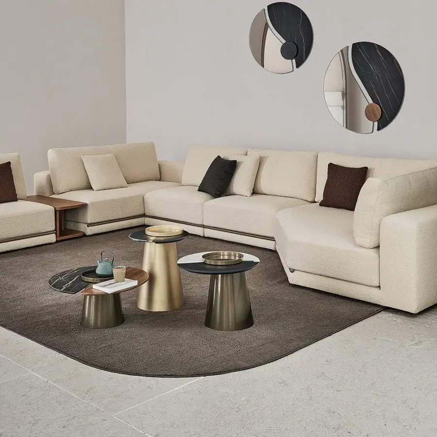 Harmonious Bontempi Yang coffee table crafted in metal with golden brass satin finish and a deliberately asymmetrical tiered design