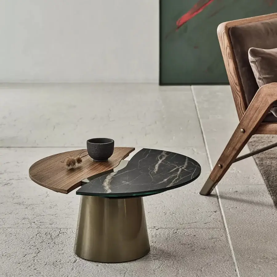Superior Bontempi Yang coffee table uniting warm wood with dark marbled glass and brushed golden-toned metal base