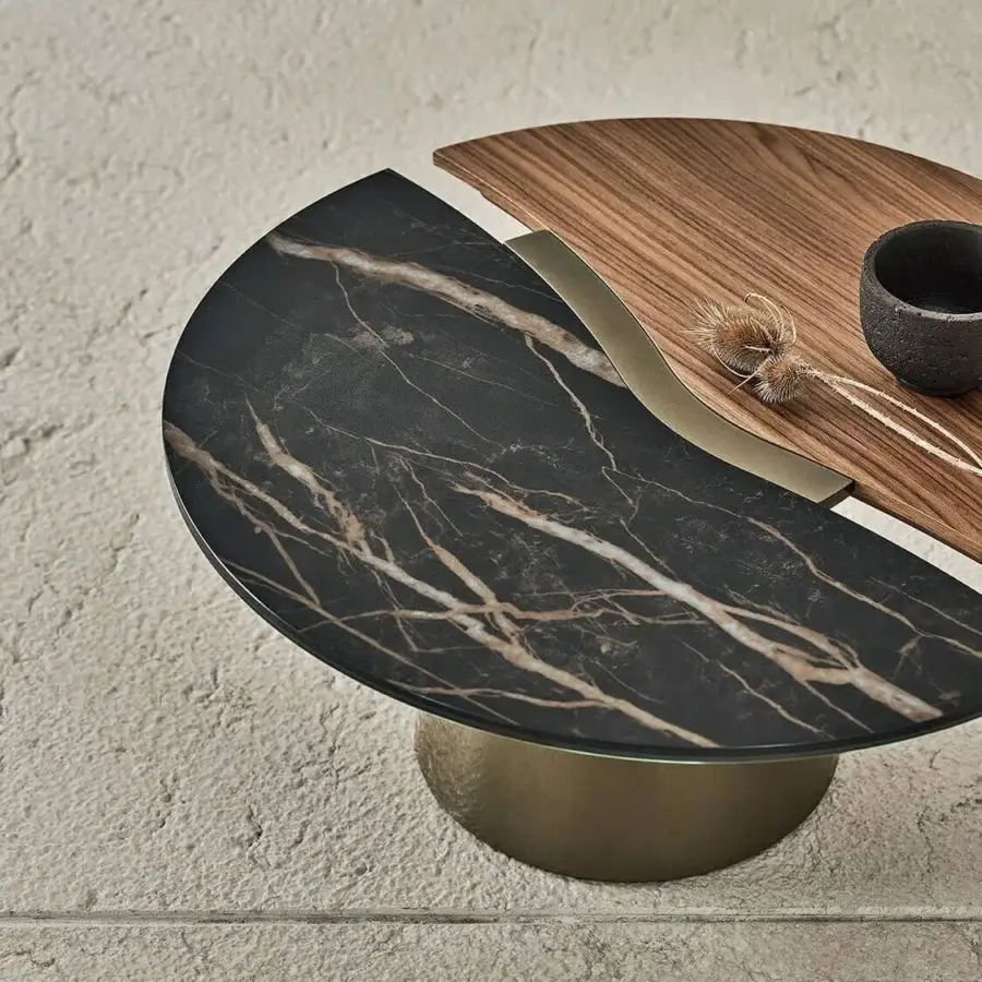 Elegant Bontempi Yang coffee table uniting curved wood with dark polished stone and golden-toned metal base in satin finish
