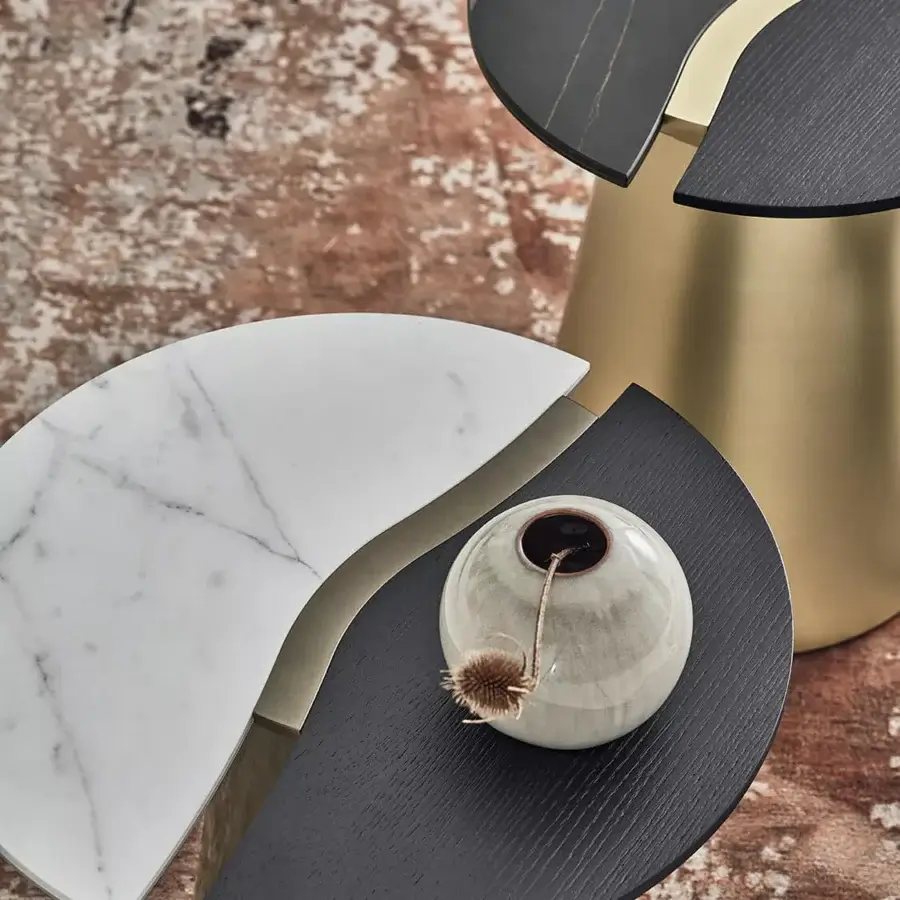 Distinguished Bontempi Yang coffee table uniting dark textured wood with cool white marble and curved gold-tone metal bases