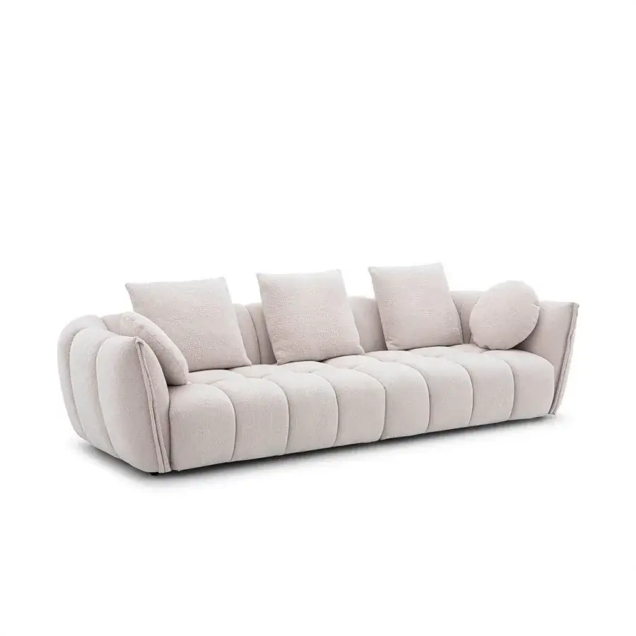 Distinguished Egoitaliano Eros sofa with textured light beige textile upholstery and quilted cushions