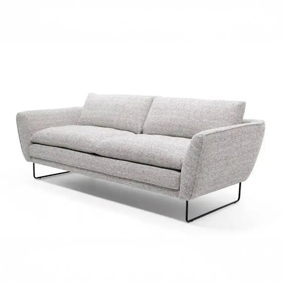 Superior Egoitaliano Bliss sofa with heathered light gray textile upholstery and sleek black metal sled legs