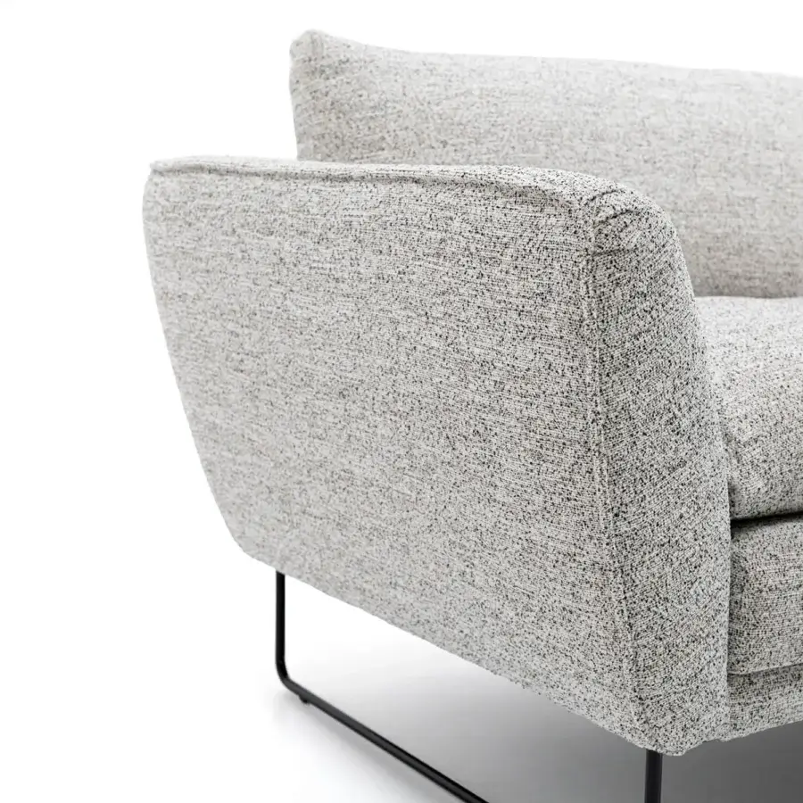Superior Egoitaliano Bliss sofa with light gray speckled textile upholstery and black ABS sled legs built with wood fibers