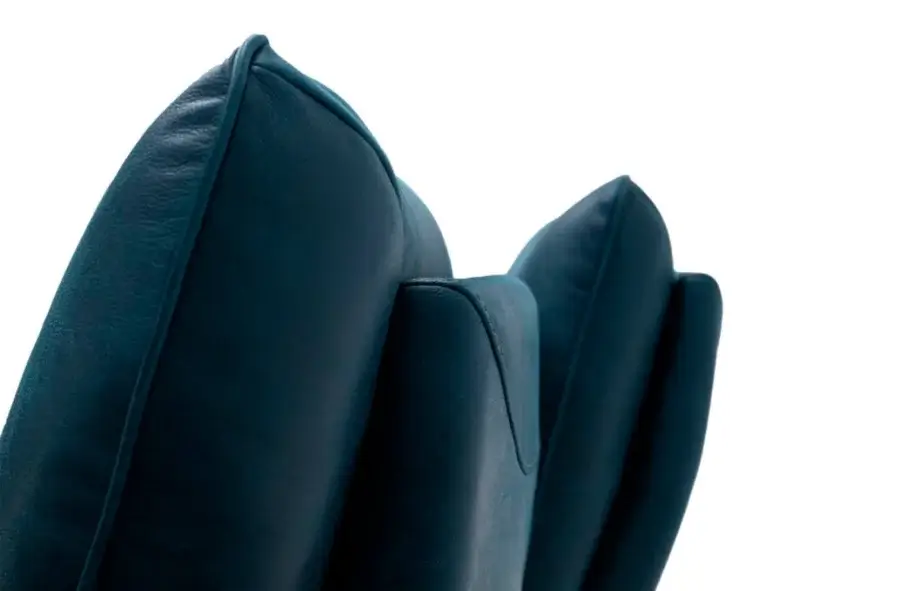 Superior Egoitaliano Mavie sofa with textured teal textile upholstery, electric backrests and wood structure
