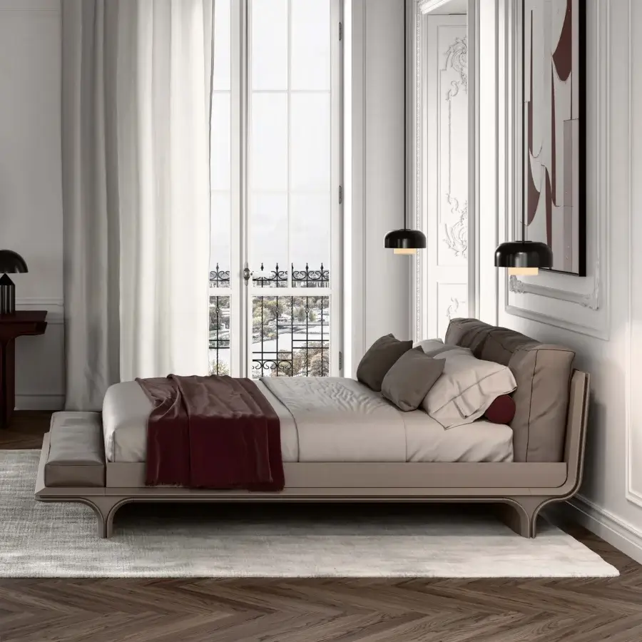Sophisticated Mascheroni Jazz Benny bed with neutral beige woven fabric upholstery and satin-finish wood detailing