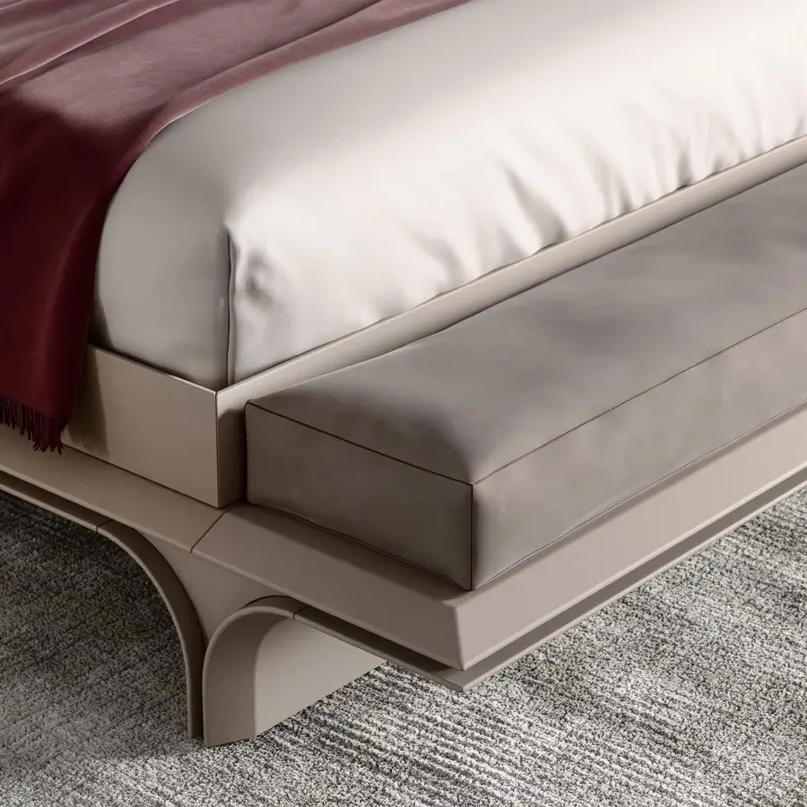 Distinguished Mascheroni Jazz Benny bed with taupe finish, built with solid wood and steel, upholstered in smooth leather-like Dacron and burgundy textile