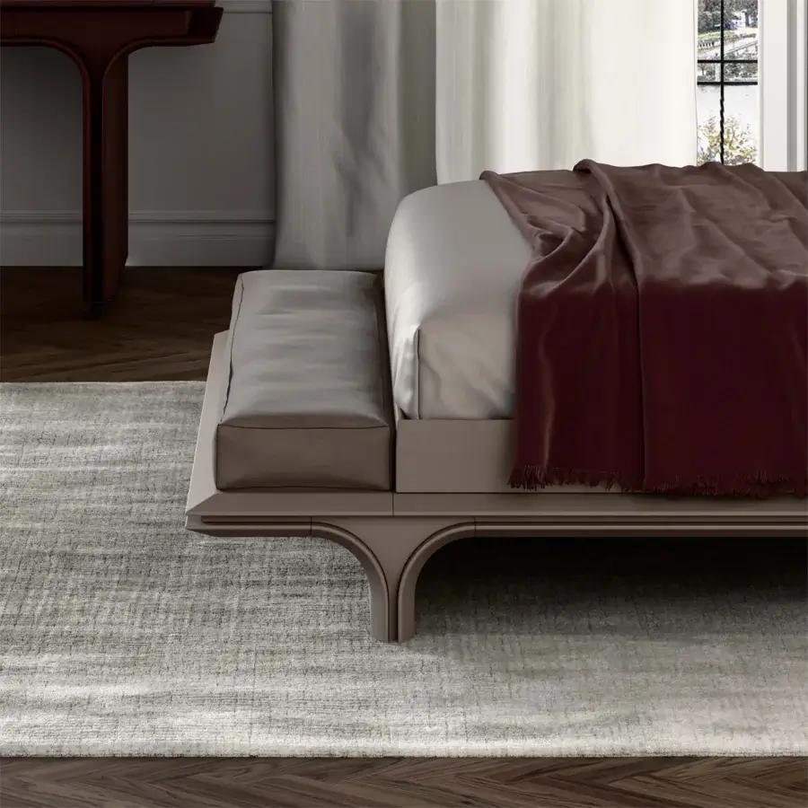 Sophisticated Mascheroni Jazz Benny bed with neutral beige-grey tone, built with a solid wood structure and steel frame for lasting comfort