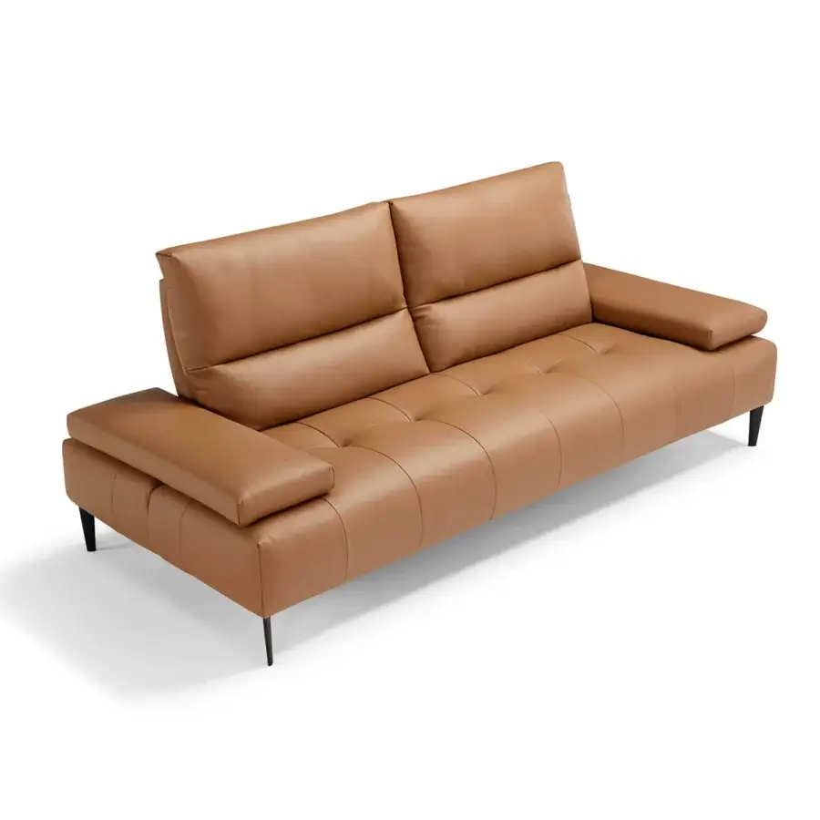 Exceptional Egoitaliano Tate sofa with warm medium-brown leather upholstery, satin finish and sleek black legs